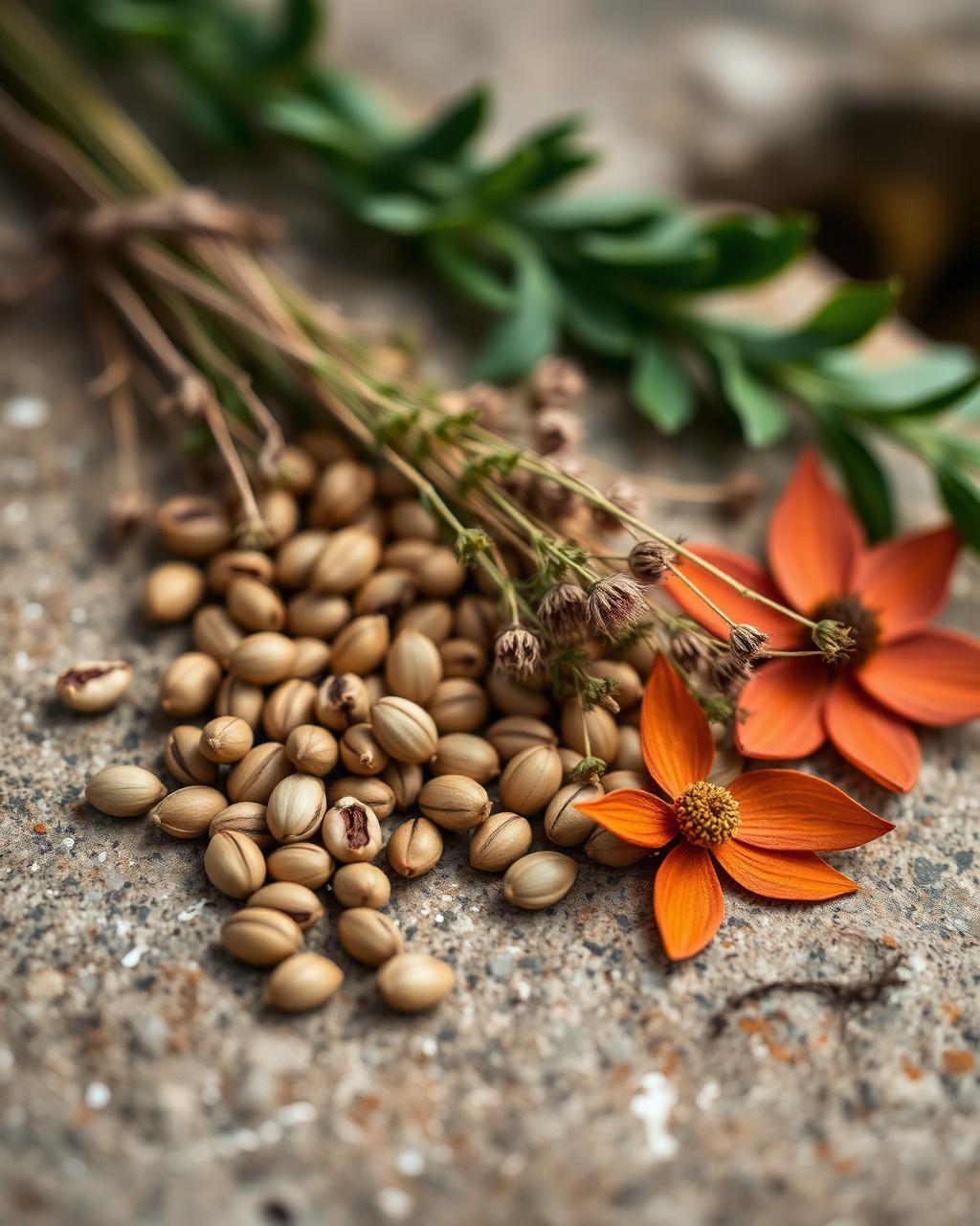 Composition de graines, herbes fraîches et fleurs séchées sur surface de pierre